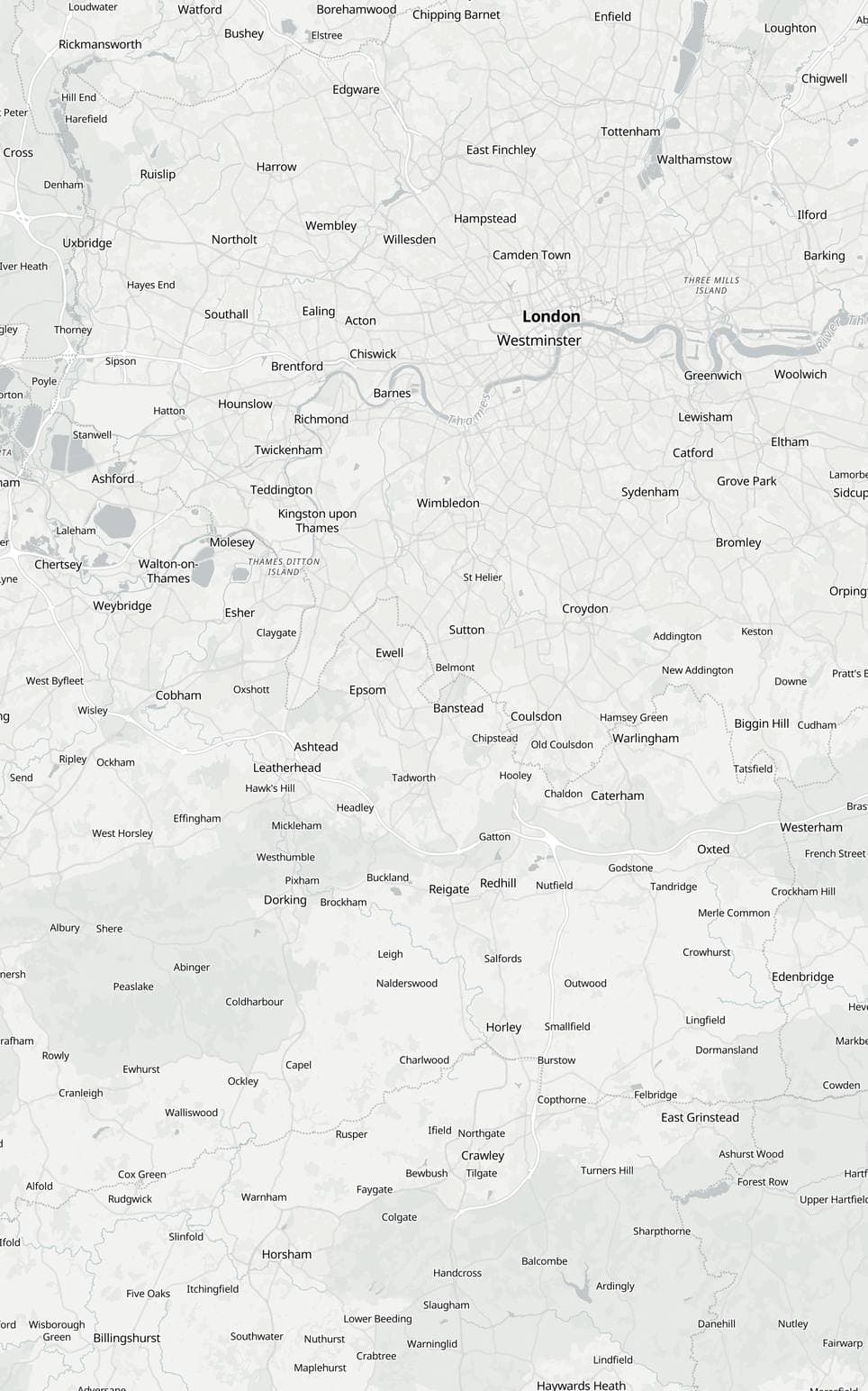 Map of the area Sophie's Sanctuary travels to, from Hampstead down to Crawley: 5 miles around Sutton, Wimbledon, South Wimbledon, Colliers Wood, Tooting, Balham, Epsom, Ewell, Banstead, Tolworth, Tadworth, Reigate, Putney, Wandsworth, Fulham, Hampstead, Crawley