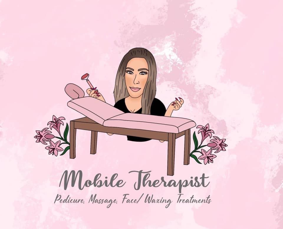Sophie, mobile massage and beauty therapist in Sutton, drawn beside her pink massage bed and lilies